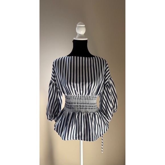 cliche Tops - Cliché Cottagecore Sm Striped Peplum Blouse Navy White Smocked Waist Puff Sleeve